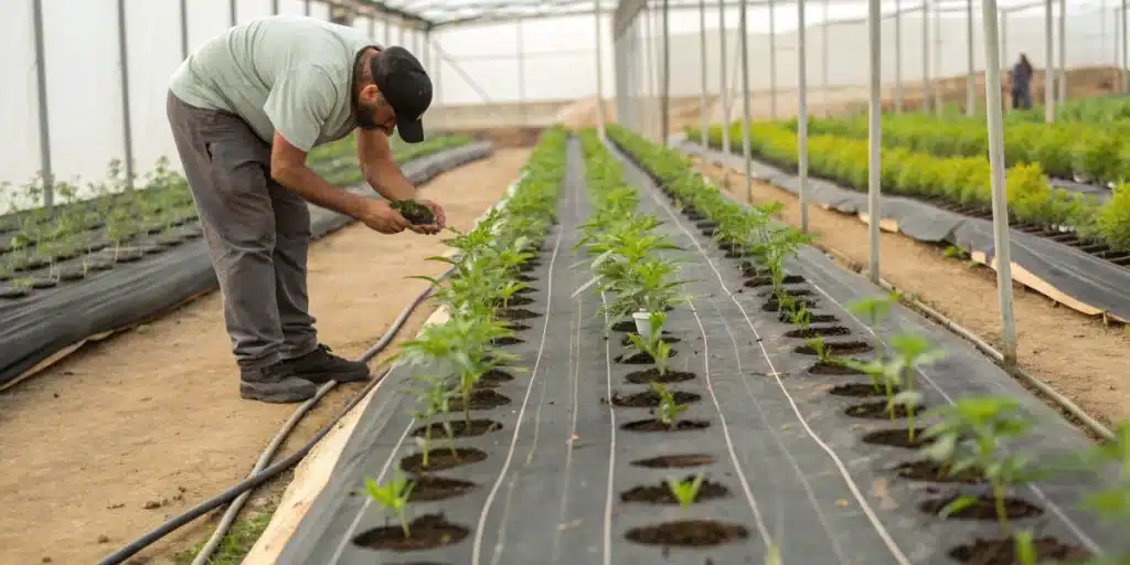 Grower applying low-stress training on a Gush Mintz x Honey Drop plant in an organized indoor setup.