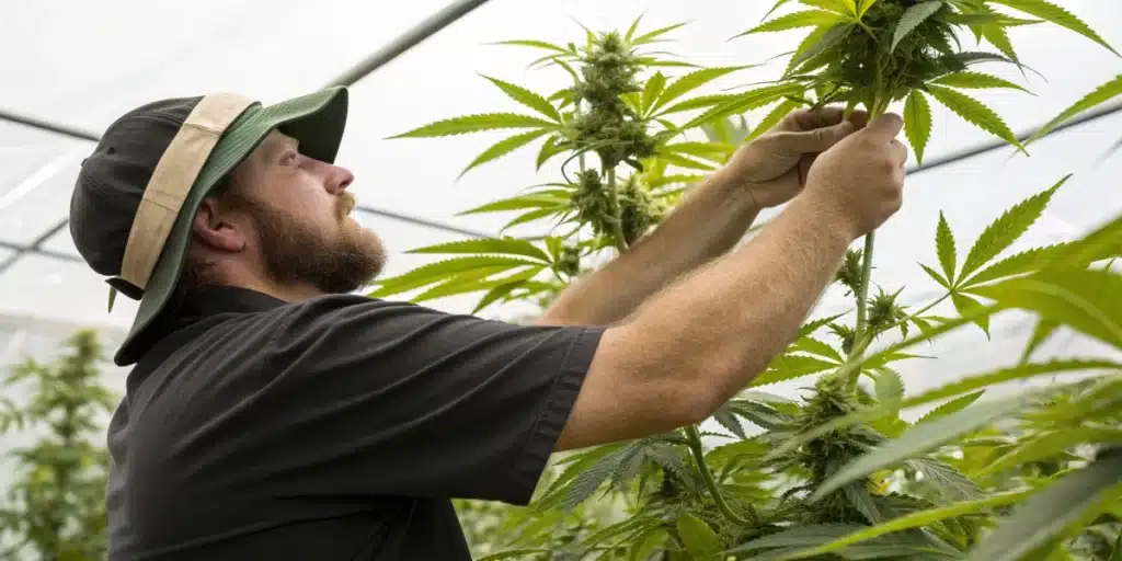 Grower applying low-stress training on a Gush Mintz x Honey Drop plant for improved canopy development.