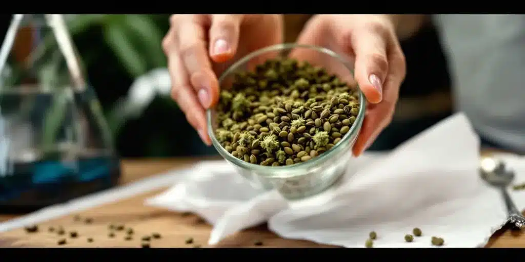 A person holding a glass bowl filled with soaked cannabis seeds, preparing them for planting.