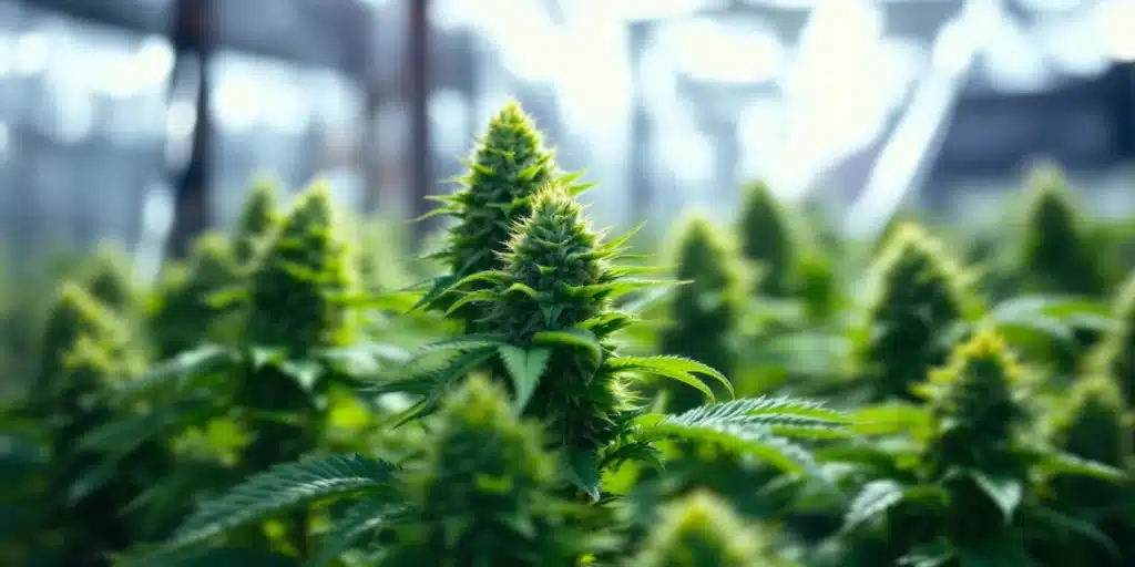 Indoor photoperiod cannabis plants growing under artificial lighting.