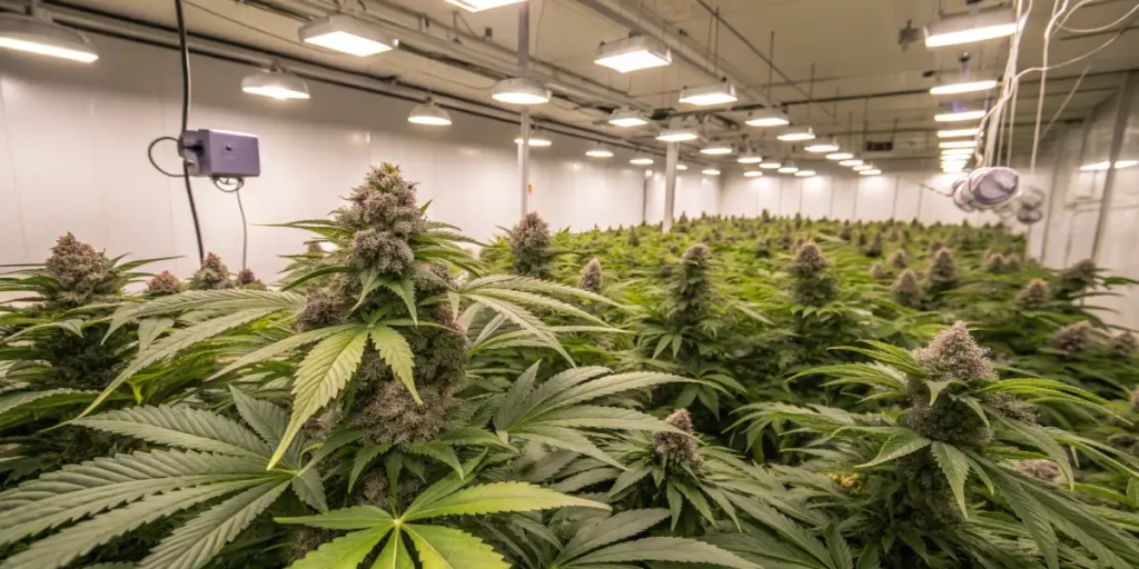 Lush indoor cannabis grow room with rows of mature plants and purple-tinged buds under bright lights.