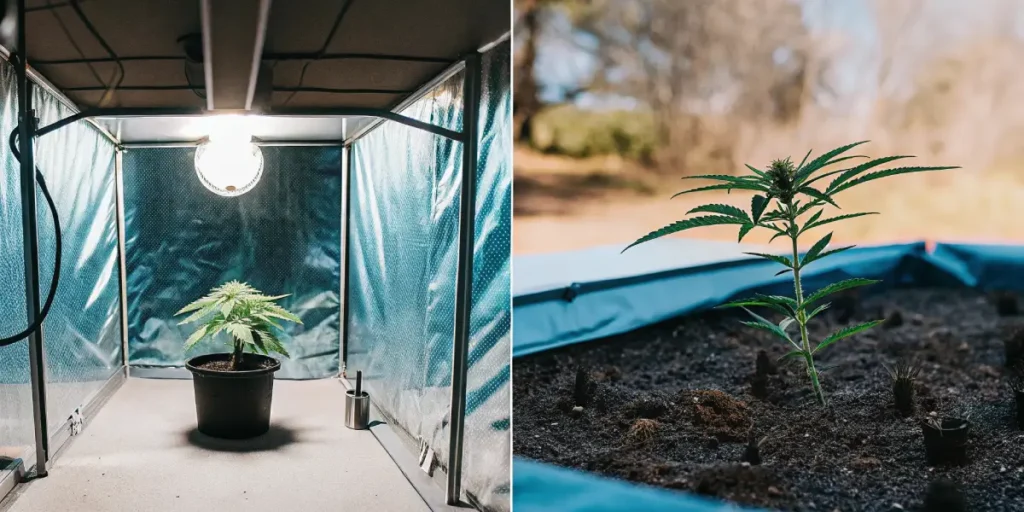 Split image: cannabis plant in grow box with blue reflective walls, and another in an outdoor planter.