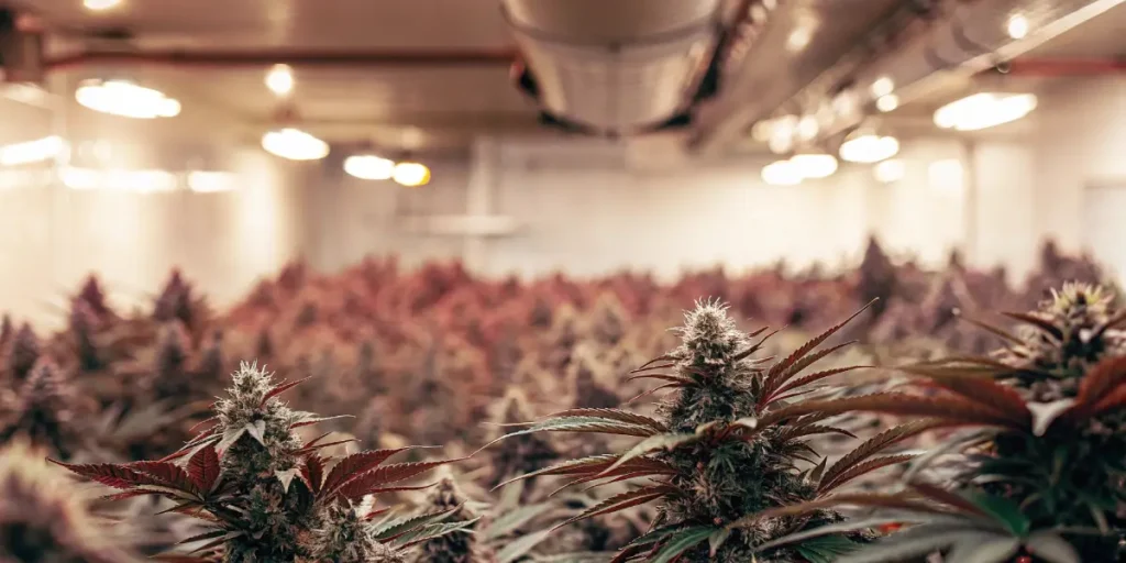 Lush indoor cannabis grow room with rows of mature plants displaying reddish hues under bright lights.