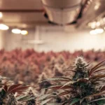 Lush indoor cannabis grow room with rows of mature plants displaying reddish hues under bright lights.