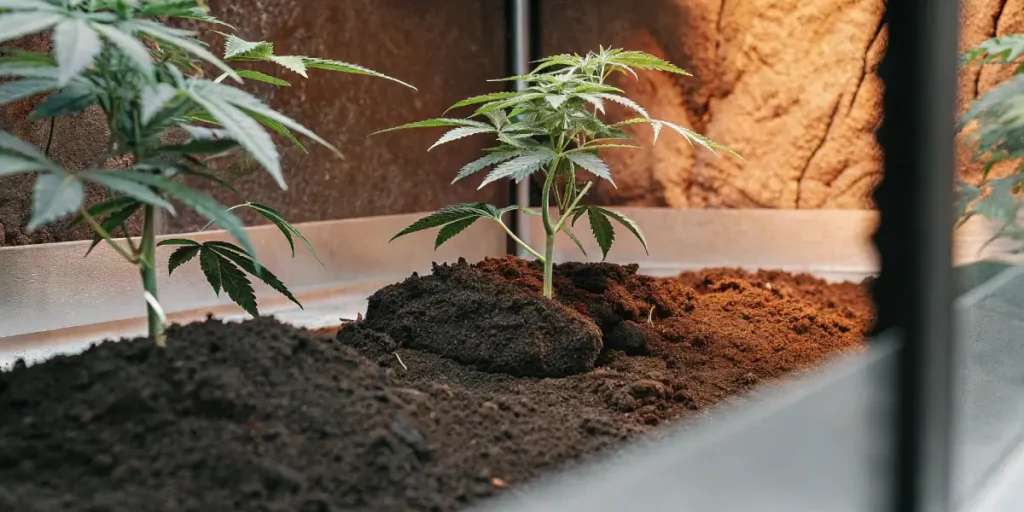 Several green plants growing in mounds of dark soil within an indoor cultivation setup, illuminated by a warm light.