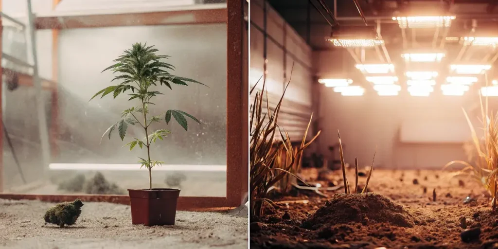 Split image: potted cannabis plant in a bright greenhouse, and dim indoor grow room with lights over soil and sparse plants.