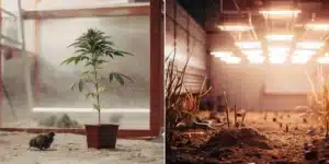 Split image: potted cannabis plant in a bright greenhouse, and dim indoor grow room with lights over soil and sparse plants.