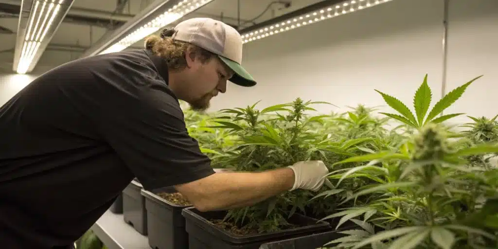 Grower training Island Sweet Skunk plants using low-stress methods for better yield.