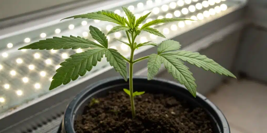 Island Sweet Skunk seedling growing rapidly indoors under LED lights.