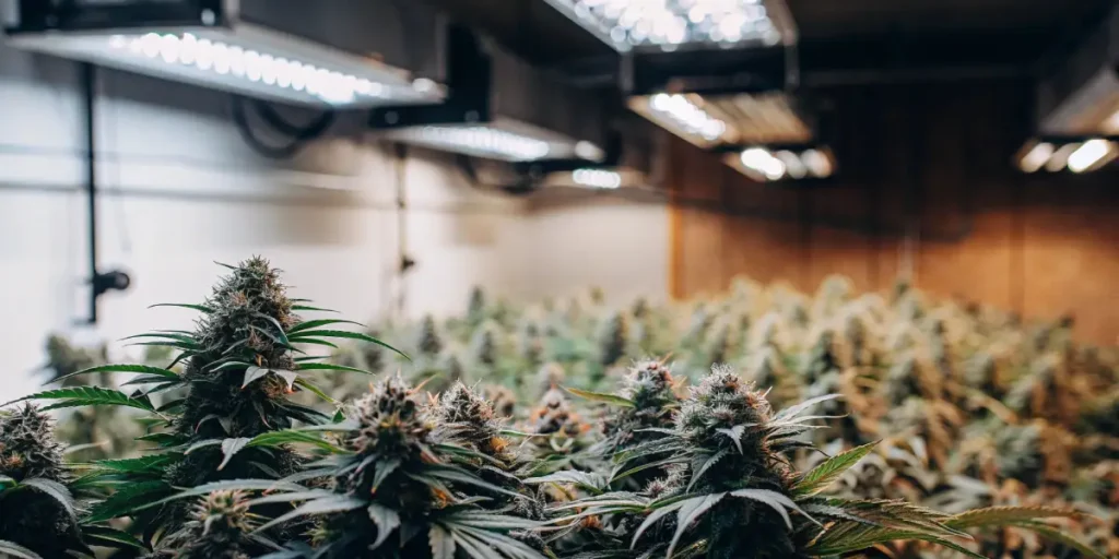 Lush indoor cannabis grow room with rows of large, dense buds under bright grow lights.