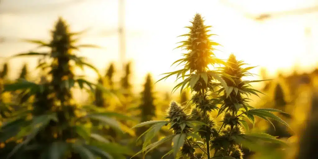 Lush photoperiod cannabis plants growing outdoors under golden sunlight.