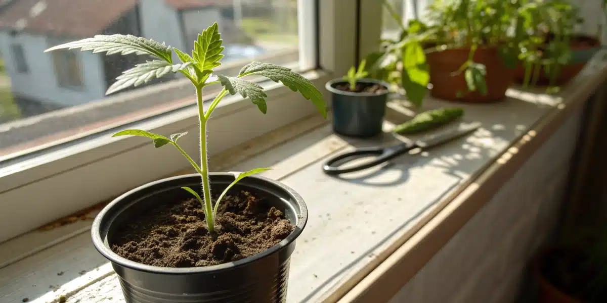 Moonshine Cookies Auto seedling growing in a pot on a bright windowsill during early development.