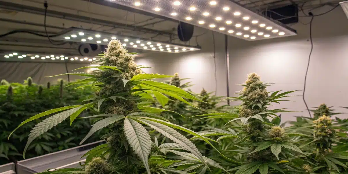 Indoor grow room with thriving Moonshine Cookies Auto plants illuminated by LED lights.