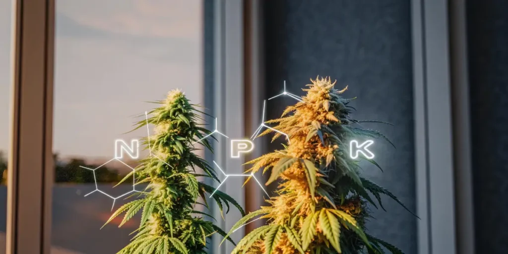 Digital illustration: two cannabis plants with glowing "N," "P," "K" chemical structures, implying nutrient importance.