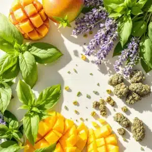 Natural sources of ocimene terpene, including mangoes, basil, lavender, and cannabis.