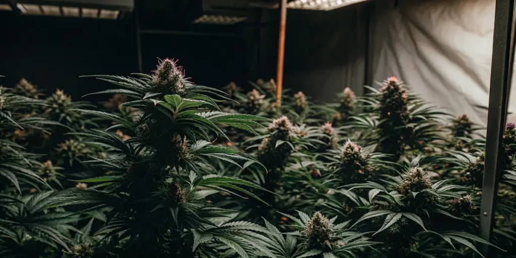Hyper-realistic cannabis grow room filled with dense, dark-toned Pink Runtz Auto cannabis plants under bright overhead lights, with pink pistils.