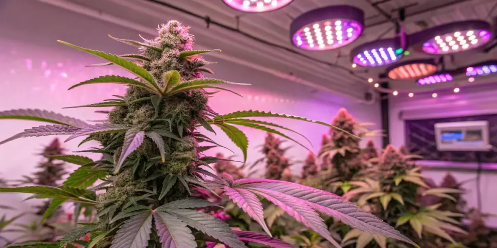Hyper-realistic cannabis grow room with Pink Runtz Auto cannabis plants under purple and pink LED grow lights.