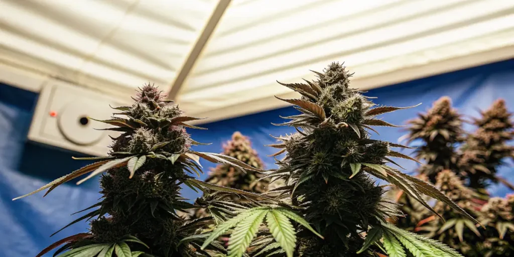 Hyper-realistic cannabis grow room with two prominent Pink Runtz Auto cannabis plants with dense buds and dark leaves, some with purple, against a blue wall.