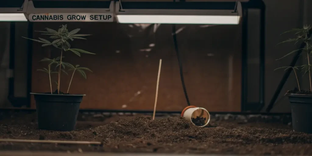 Hyper-realistic indoor grow setup with potted plants under a rectangular grow light, and a discarded plant cutting in the foreground, near a window.