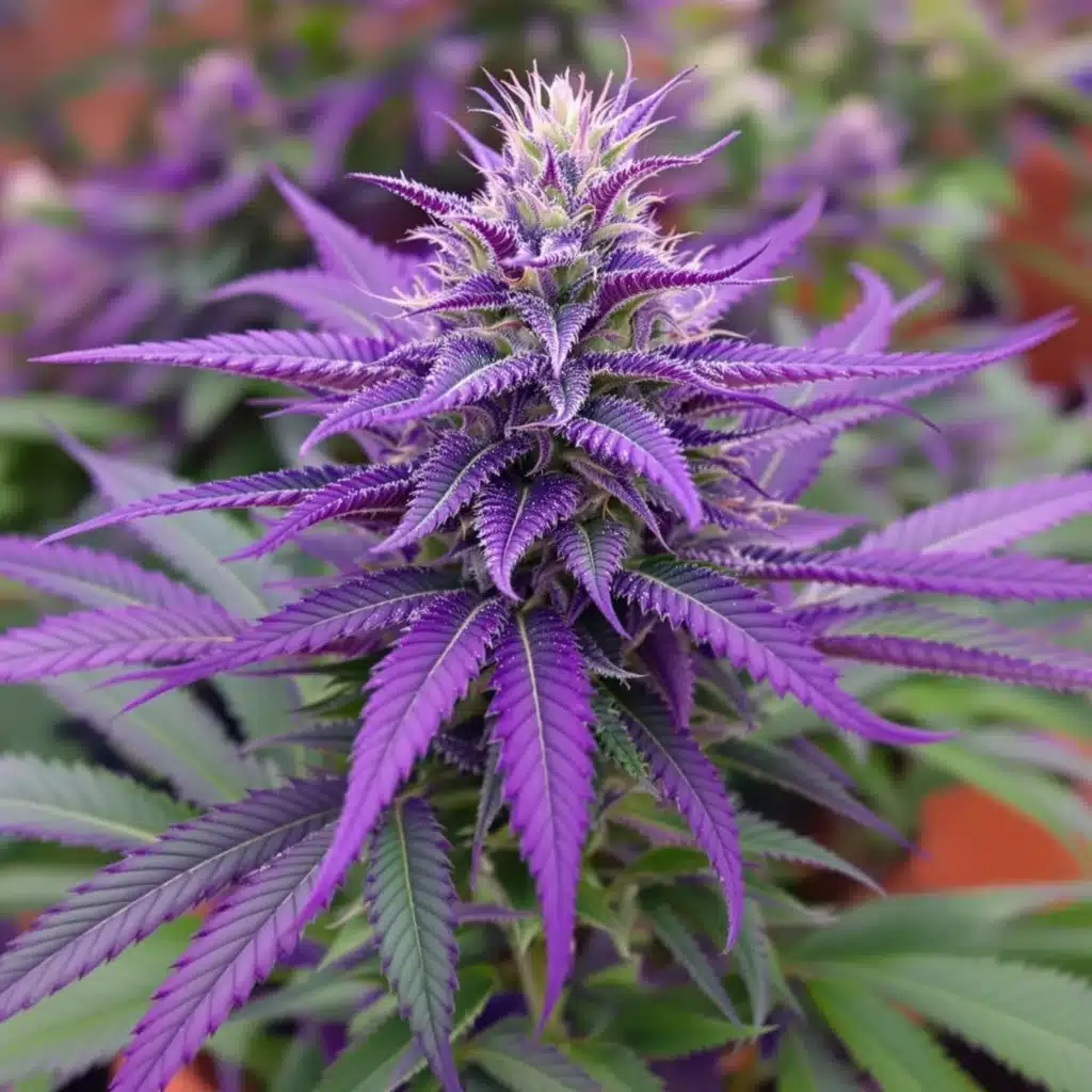 Close-up of vibrant purple cannabis buds surrounded by healthy green leaves.