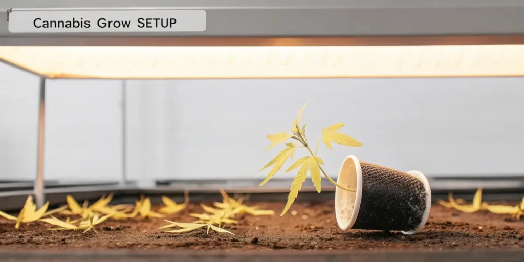 Hyper-realistic indoor grow setup with a fallen seedling in a biodegradable pot and many fallen yellow leaves on dark soil under a bright light.