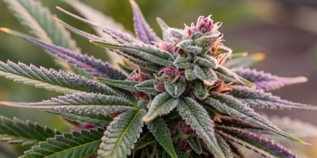 Close-up of a mature Star Killer bud featuring dense trichomes and vivid coloration.