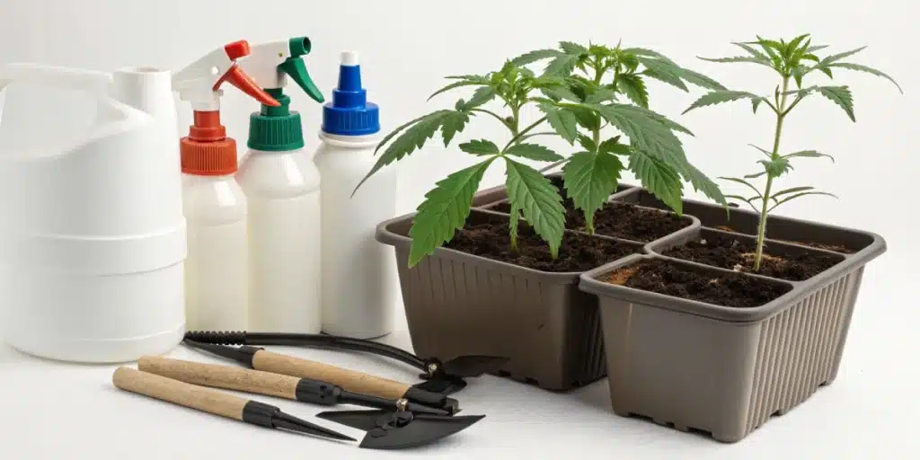 Nutrient management area for Star Killer cultivation with fertilizers and tools next to a growing plant.