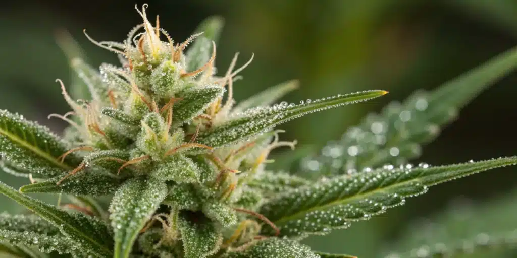 Macro view of a Star Killer bud highlighting detailed, resinous trichomes.