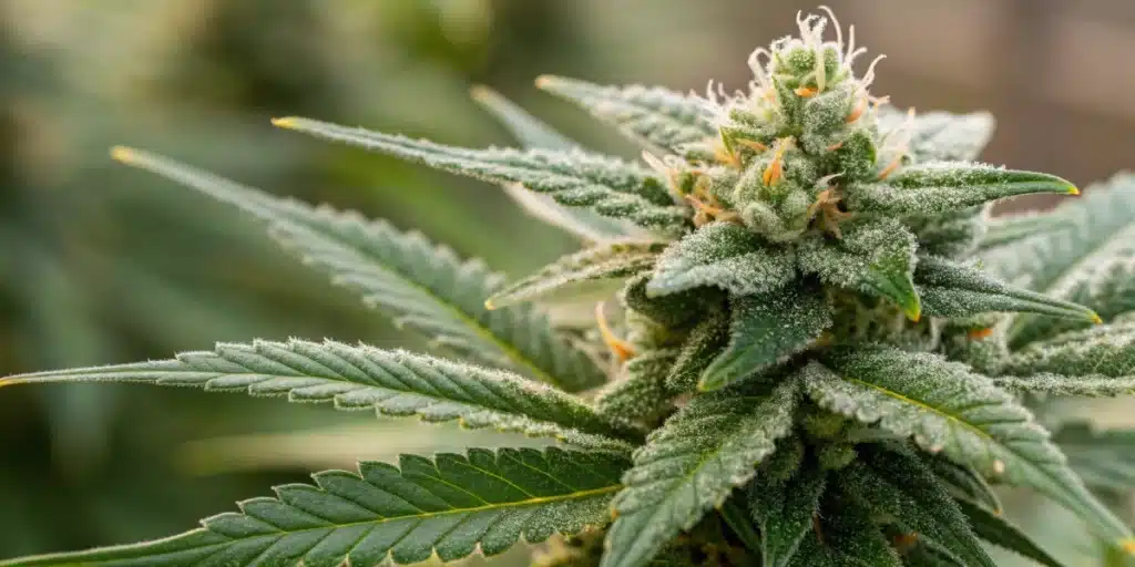 Close-up view of a mature Trainwreck bud with abundant resin and vibrant green color.