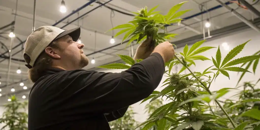 Grower applying low-stress training techniques to a Trainwreck plant for improved canopy structure.