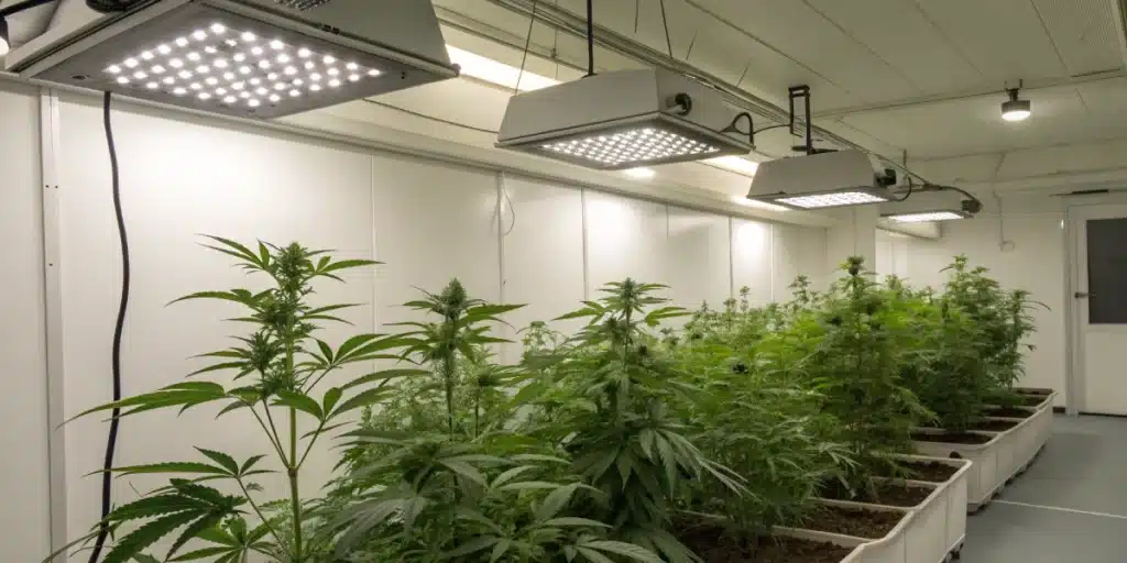 "Indoor grow room with thriving Trainwreck plants illuminated by high-intensity LED lights.