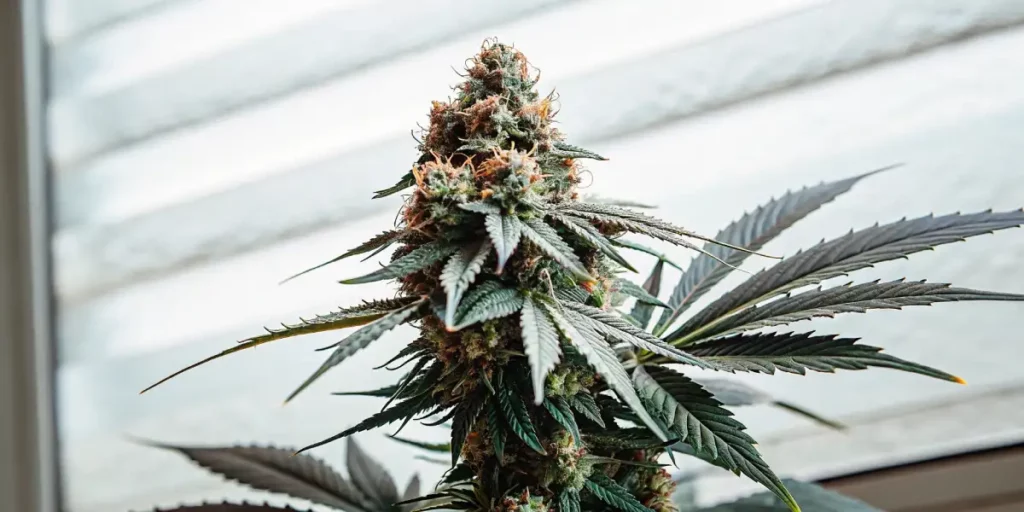 Trichome-covered cannabis bud with deep green leaves and prominent orange pistils under natural light.