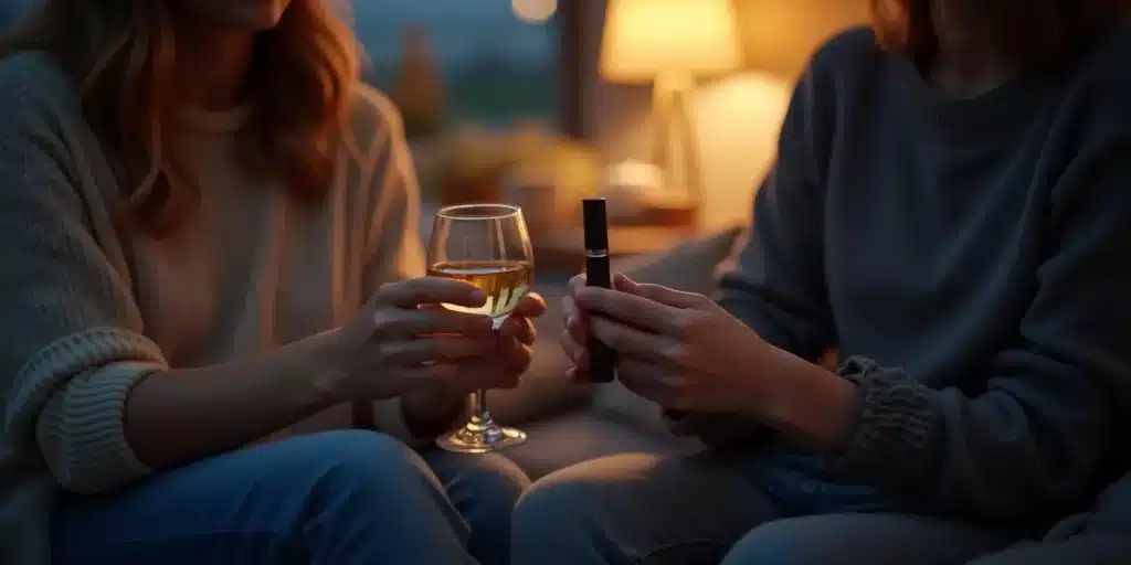 Two women holding a glass of wine and a vape pen, illustrating the concept of cross-fading by combining alcohol and cannabis.