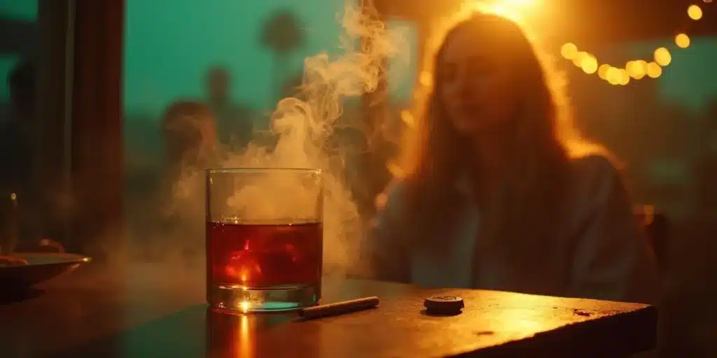 Close-up of a drink with smoke and a joint on a table, symbolizing the cross-faded experience of alcohol and cannabis use.