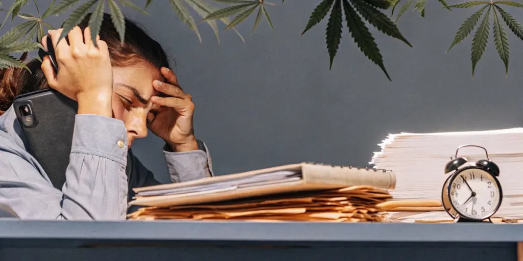 Cannabis leaves and stressed office worker illustration for stress relief