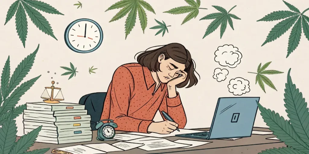 Cannabis leaves and office stress scene for anxiety management