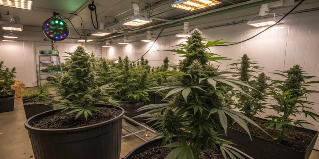 cannabis cultivation room with mature plants under LED and HPS lighting
