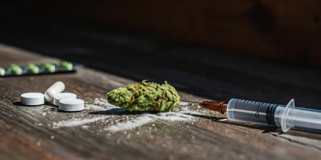 Cannabis bud pierced by syringe surrounded by pills and powder on a wooden surface.