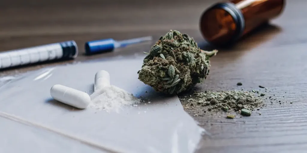 Cannabis bud with white powder, capsules, and syringe on a dark wooden table.
