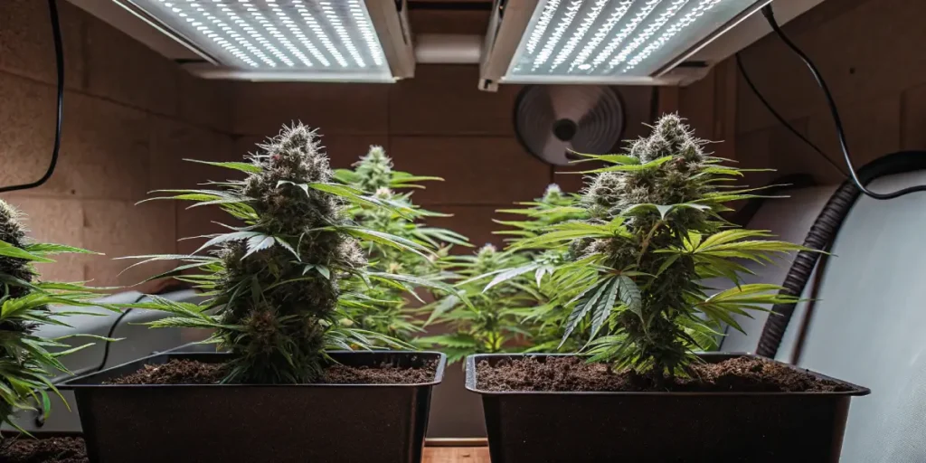 dense cannabis buds growing under LED lights in an indoor cultivation room