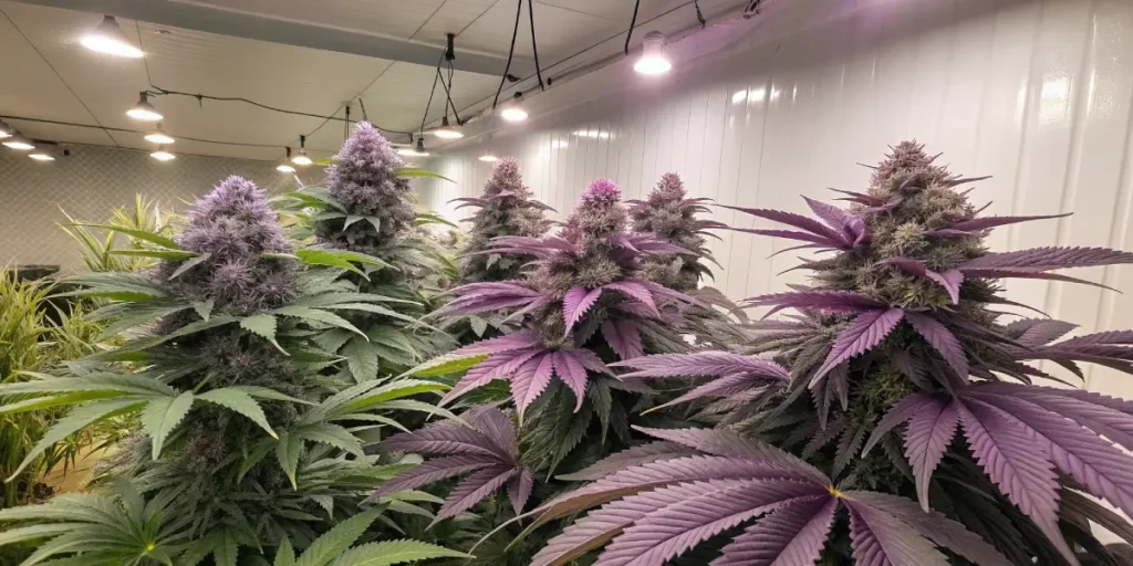 purple cannabis plants under LED grow lights in an indoor grow room