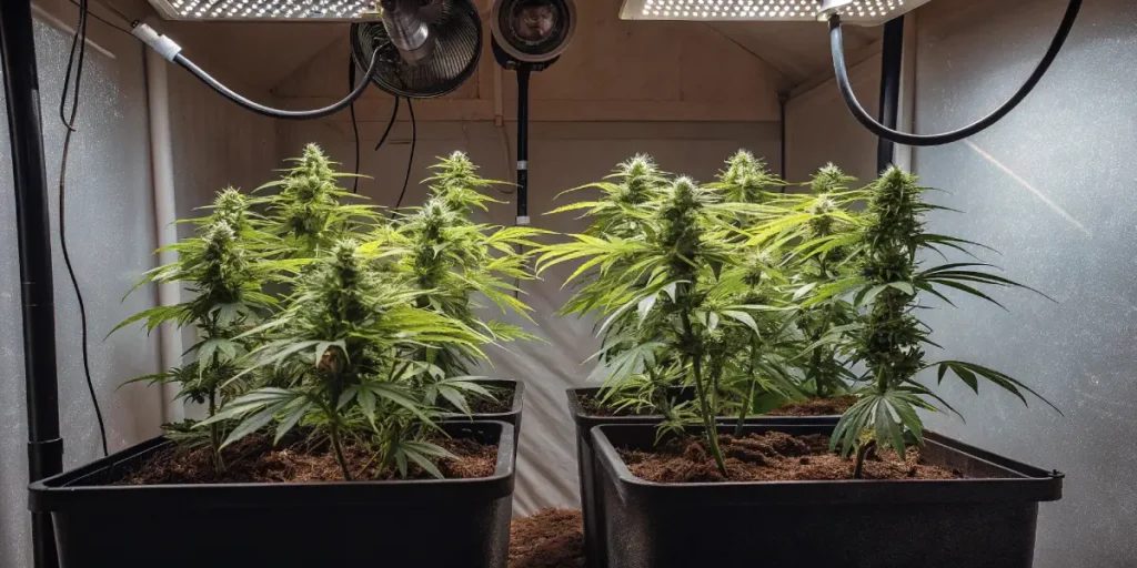thriving cannabis plants under LED grow lights in an indoor grow tent