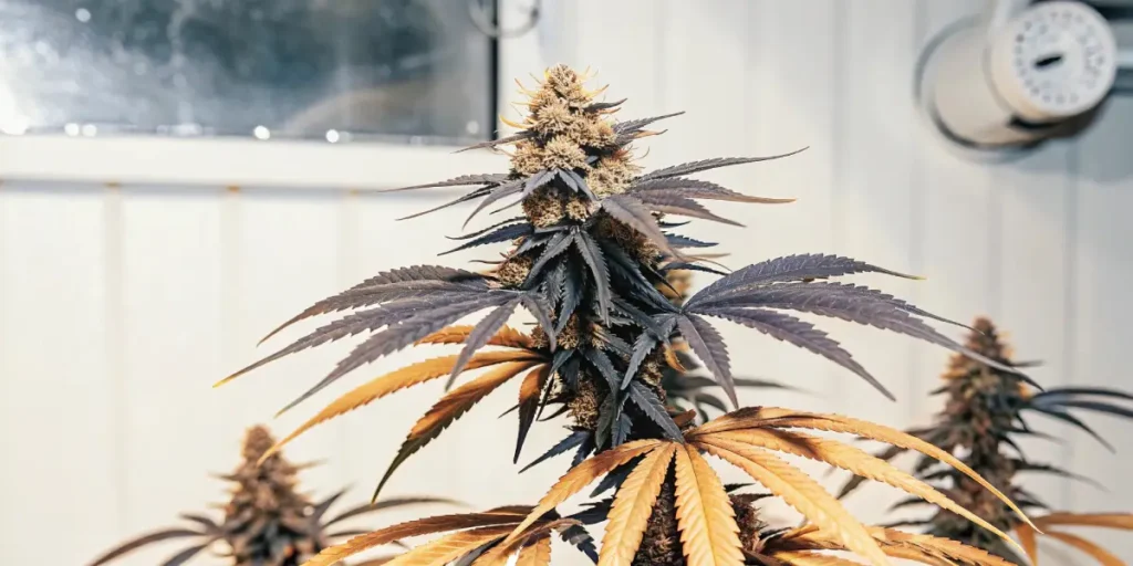 Cannabis plant with golden and purple leaves and buds against a light background with ventilation.