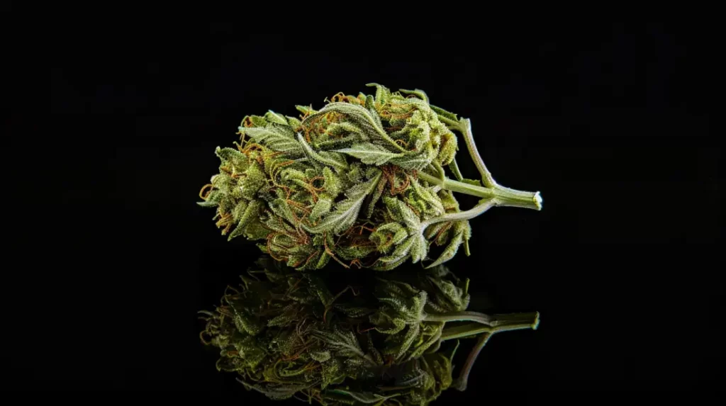 Single cannabis bud with trichomes against a black background, illustrating a strain suitable for use with a chamber bong.
