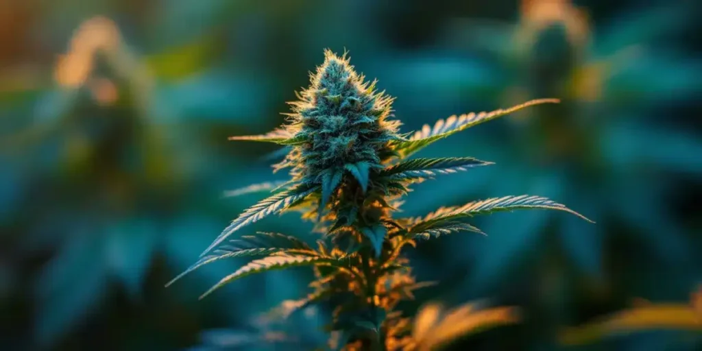 Close-up of a mature cannabis plant glowing under natural sunlight in an outdoor setting.