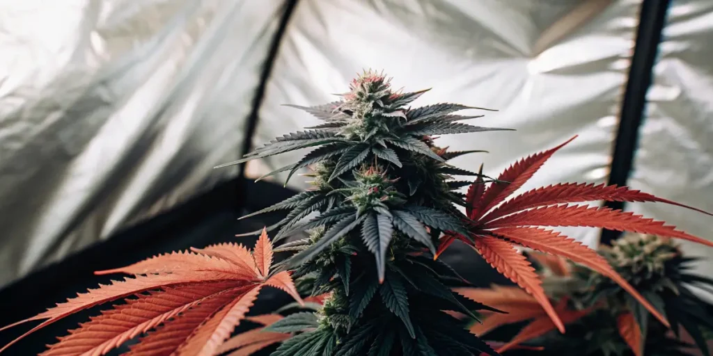 Hyper-realistic scene of a Bubble Gum autoflower cannabis plant with dense buds and reddish leaves inside a grow tent.