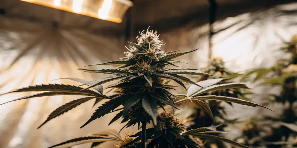 Hyper-realistic scene of a Bubble Gum autoflower cannabis plant with dense, frosty buds under warm indoor grow lights.