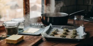 Kitchen counter with cannabis buds on a tray, butter, and a steaming pot.
