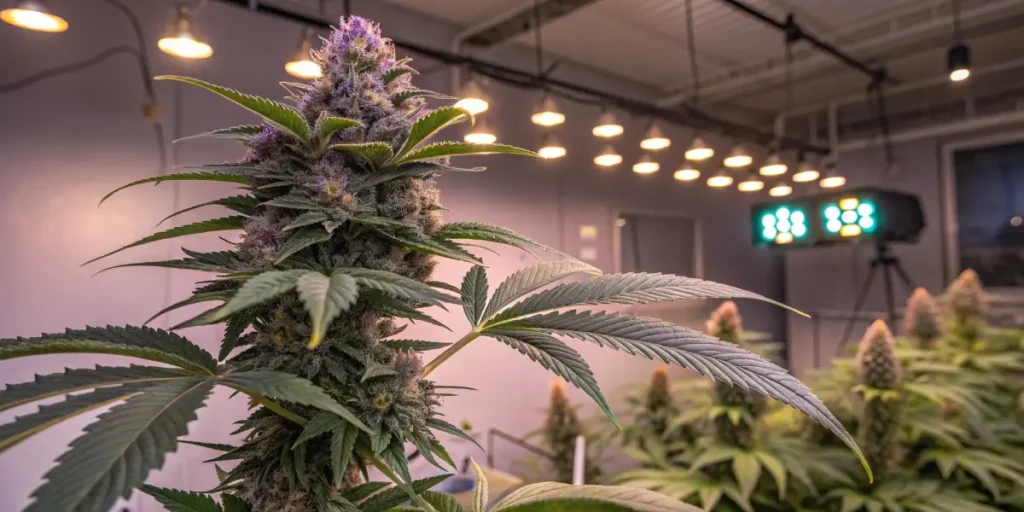 Two prominent cannabis plants with buds under a clear greenhouse roof.