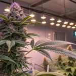 Two prominent cannabis plants with buds under a clear greenhouse roof.